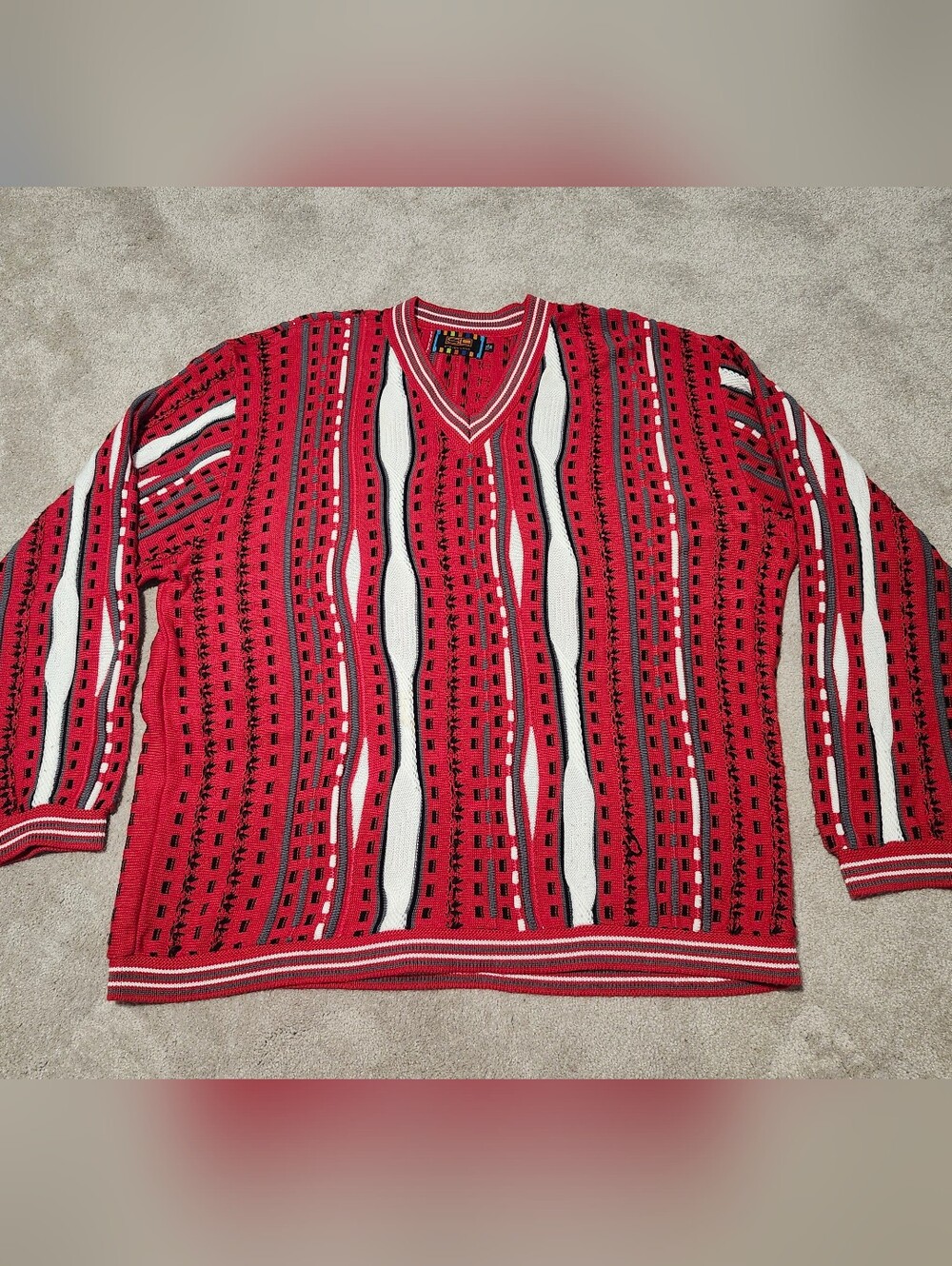 VTG STEVEN LAND COOGI STYLE‎ SWEATER MENS 3D V-Neck  PULLOVER COLORFUL RED 3XL